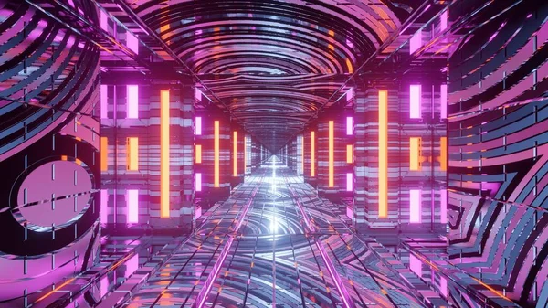 Een Abstracte Futuristische Corridor Achtergrond Met Gloeiende Paarse Oranje Lichten — Stockfoto