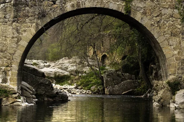 令人惊奇的是 一条流淌的河流和一座古老的石桥 — 图库照片