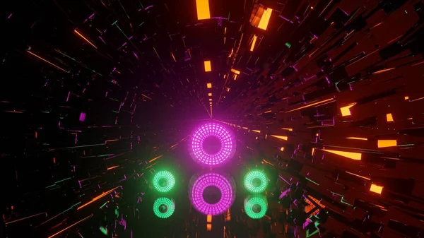 一个带有粉色和绿色发光球面反射在光滑表面的科幻圆形隧道的抽象示例 — 图库照片