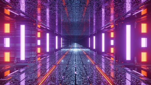 紫とオレンジの光が輝く抽象的な未来的な廊下の背景 — ストック写真