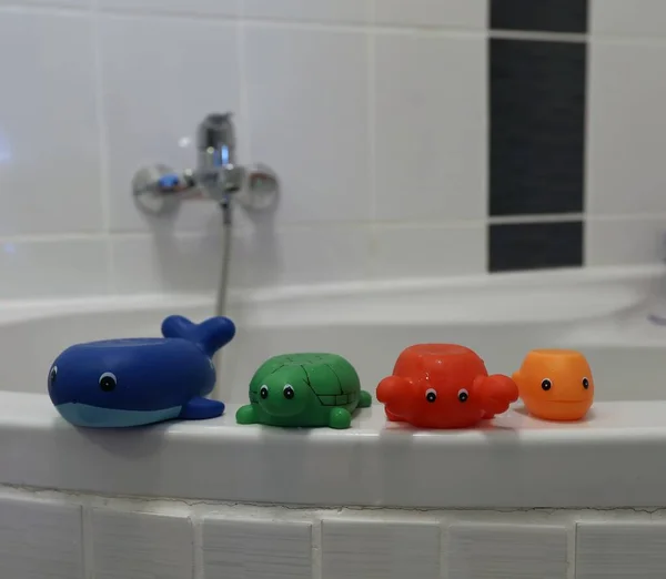 Shallow Focus Closeup Shot Colorful Sea Animal Toy Figures Bathroom — Stock Photo, Image