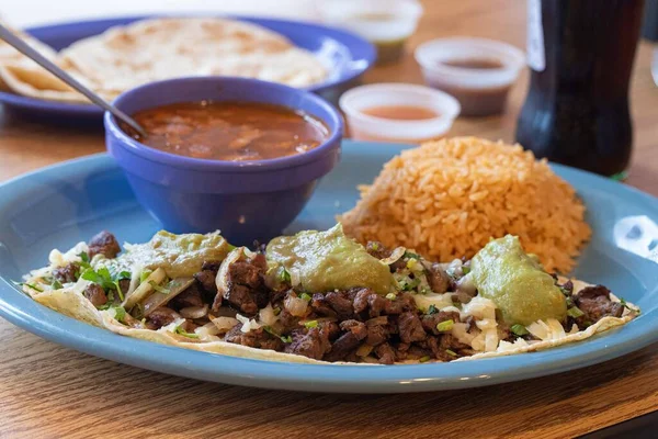 Mexican Tortillas Guacamole Sliced Beef Parsley Next Rice Melted Butter — Stock Photo, Image