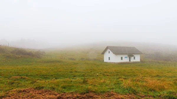 Een Huis Een Grasveld Een Mistige Dag — Stockfoto