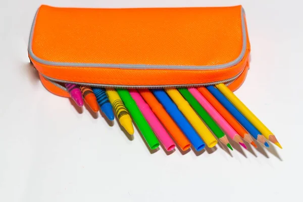 Closeup Shot Colored Pencils Pouch Isolated White Background — Stock Photo, Image