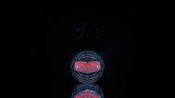 反射する暗い表面に赤いハートの青いメッシュボールの抽象的な3Dレンダリング — ストック写真