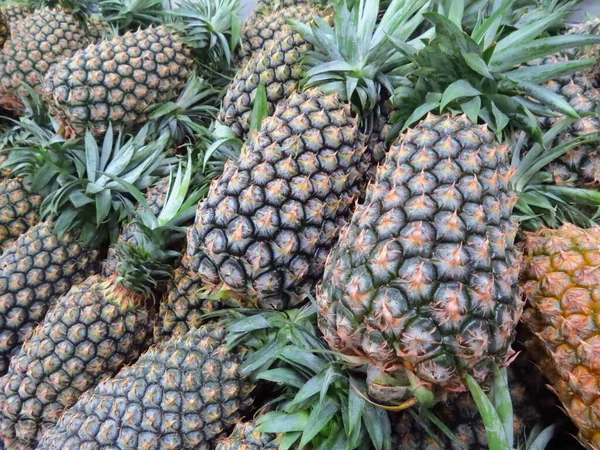 Eine Gruppe Frischer Langer Ananas Reihen Auf Einem Markt — Stockfoto