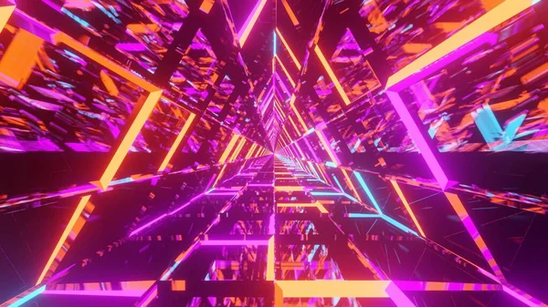 暗いピンクの背景に三角形を形成するカラフルなライトの3Dレンダリング 未来的な概念 — ストック写真