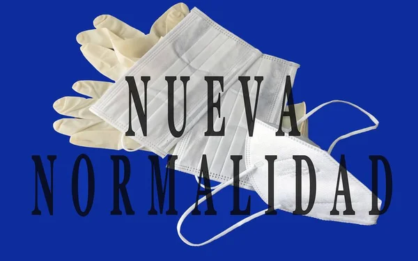 Guantes Médicos Látex Mascarillas Quirúrgicas Sobre Fondo Azul Con Texto — Foto de Stock