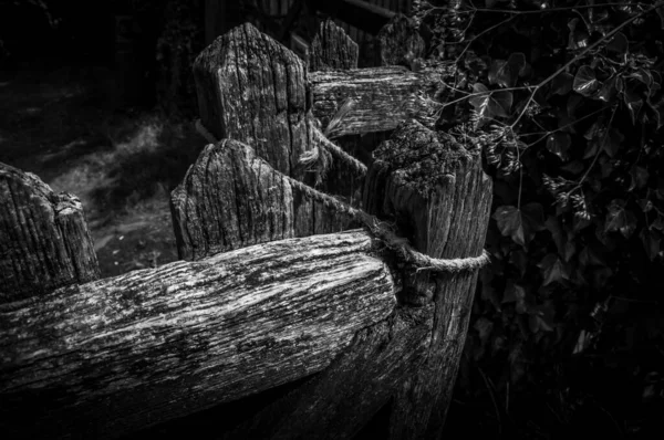 Graustufen Hochwinkel Aufnahme Von Holzzäunen Die Mit Einem Von Büschen — Stockfoto