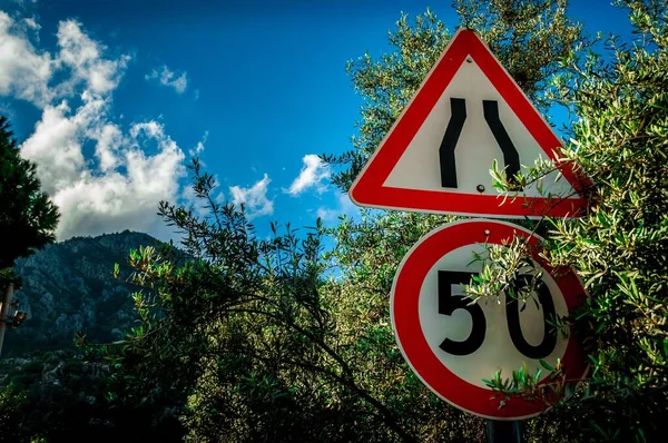 A speed limit and road narrow sign against an azure blue sky