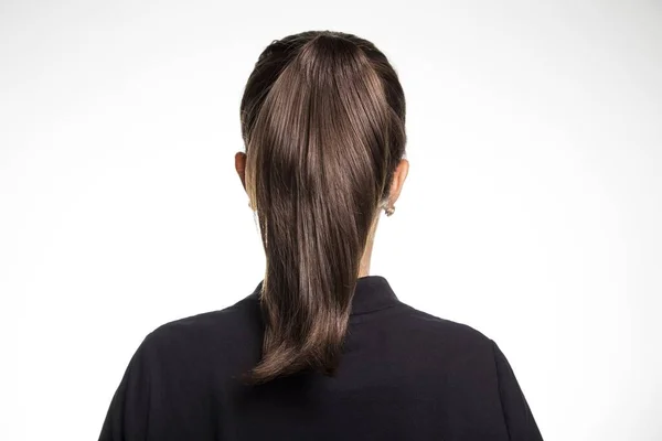 Back View Young Female Dark Brown Straight Hair Ponytail Wearing — Stock Photo, Image