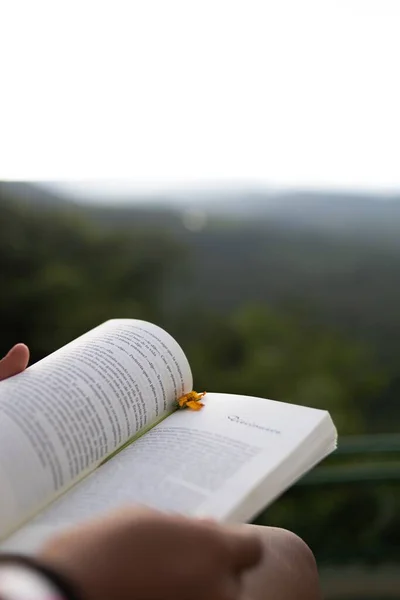 Enfoque Selectivo Manos Humanas Sosteniendo Libro Con Una Flor Amarilla — Foto de Stock