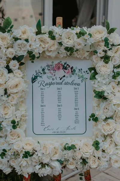 A closeup shot of wedding ceremony reception guest list