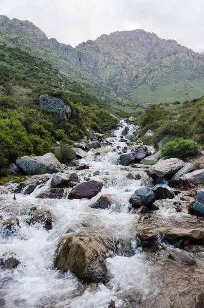 Vue Verticale Une Rivière Qui Coule Dans Montagne Des Andes — Photo