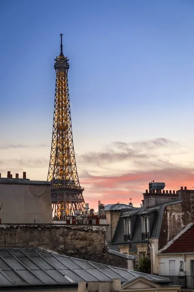 Vue Verticale Tour Eiffel Lors Coucher Soleil Rose Paris France — Photo