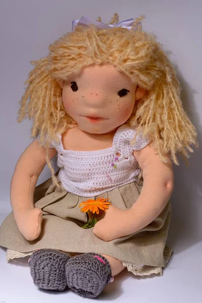 布娃娃一种手工制作的布娃娃 金发碧眼 针织衣服 背景为白色 — 图库照片