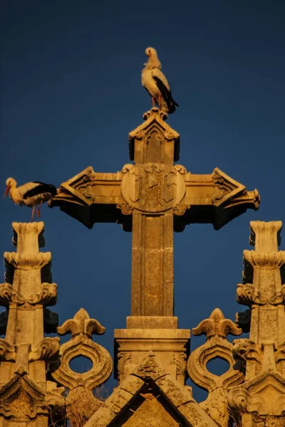 Een Verticaal Shot Van Een Kruis Monument Blauwe Lucht Achtergrond — Stockfoto