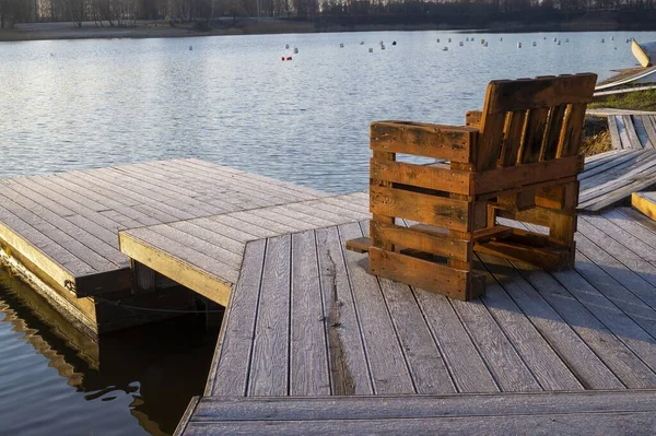 Beautiful Shot Pallet Made Chair Wooden Pier Lake — Stock Photo, Image