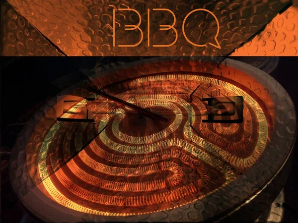 Parola Bbq Scritto Sulla Griglia Barbecue Con Uno Sfondo Arancione — Foto Stock