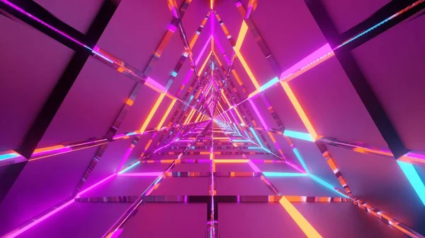 在暗粉色背景上形成三角形的彩色灯光的三维渲染 未来主义概念 — 图库照片