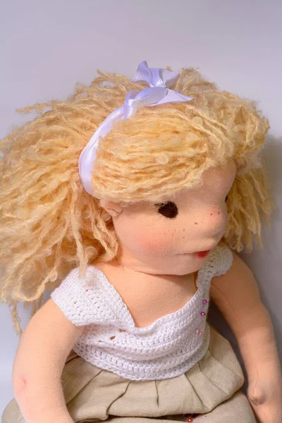 Handmade Fabric Doll Blond Hair Knitted Clothing Isolated White Background — Stock Photo, Image