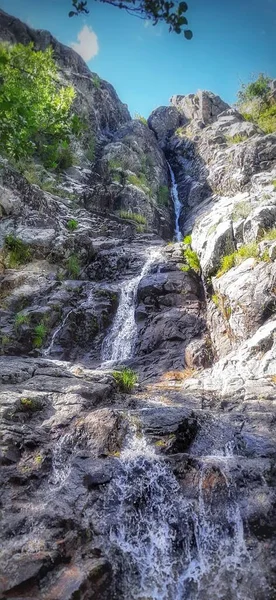 Een Verticaal Schot Van Een Kleine Waterval Omringd Door Rotsen — Stockfoto