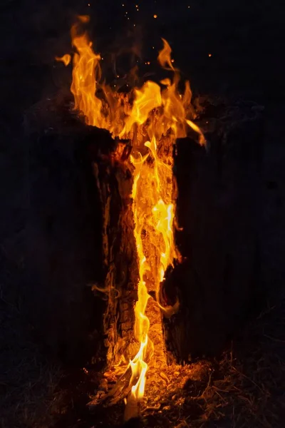 Vertical Image Burning Log Creating Fiery Background — Stock Photo, Image