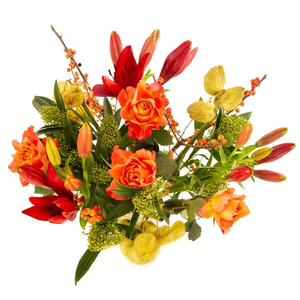 Closeup Shot Bouquet Red Orange Yellow Lilies Isolated White Background — Stock Photo, Image