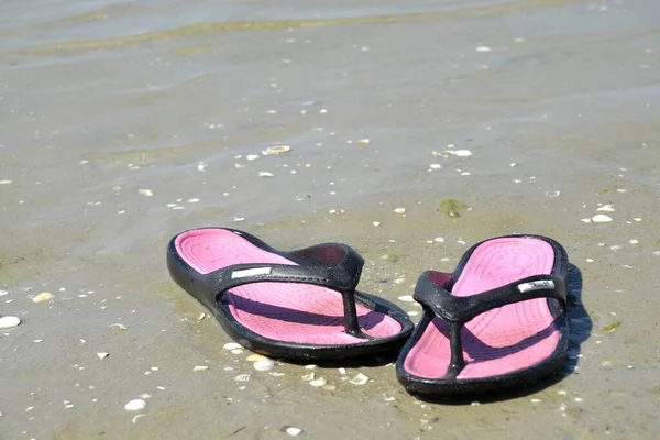 Pair Black Pink Flip Flops Put Coastline Calm Sea — Stock Photo, Image