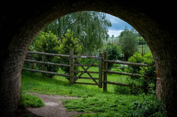 Het Uitzicht Een Houten Hek Met Een Groene Tuin Door — Stockfoto