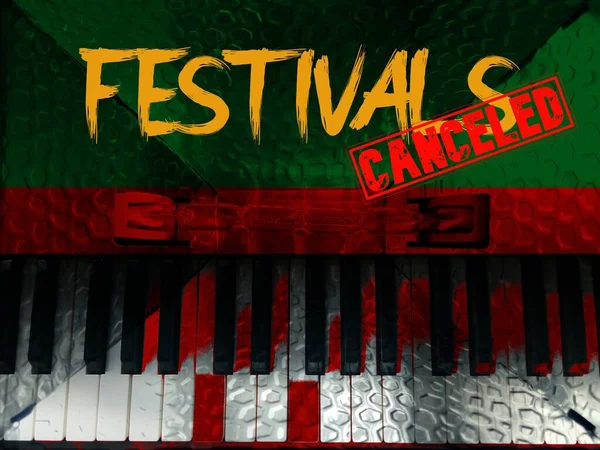 Telhas Piano Sob Palavras Festival Cancelado Com Fundo Verde Vermelho — Fotografia de Stock