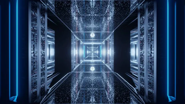 Uma Renderização Luzes Lineares Azuis Cubo Centro Conceito Futurista — Fotografia de Stock