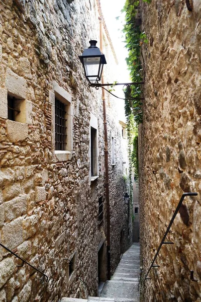 Eine Vertikale Aufnahme Von Treppen Zwischen Zwei Alten Gebäuden Girona — Stockfoto