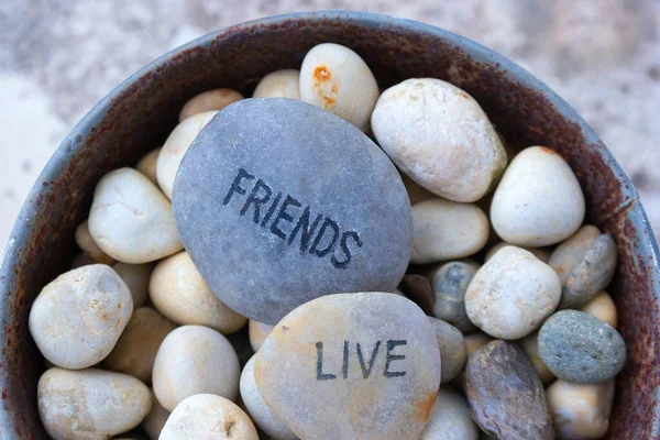 Words Friends Live Written Grey Pebble Bowl Filled Smaller Pebbles — Stock Photo, Image