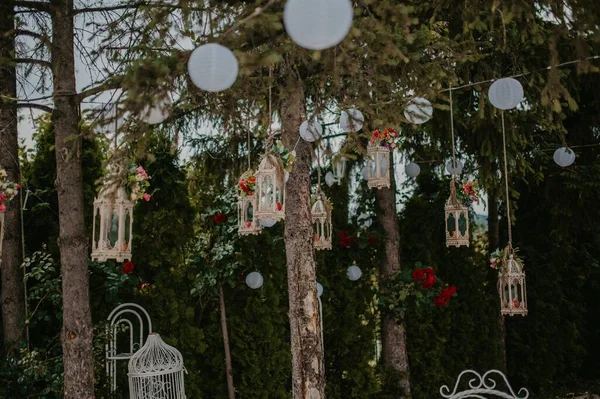 Shallow Focus Shot Outdoor Wedding Ceremony Reception Hanging Decorations — Stock Photo, Image