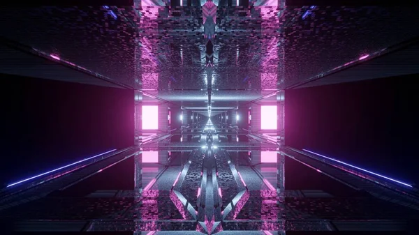 中心未来主义概念中粉色灯形正方形和立方体的三维渲染 — 图库照片
