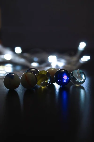 Colorful Glass Marbles Dark Room — Stock Photo, Image