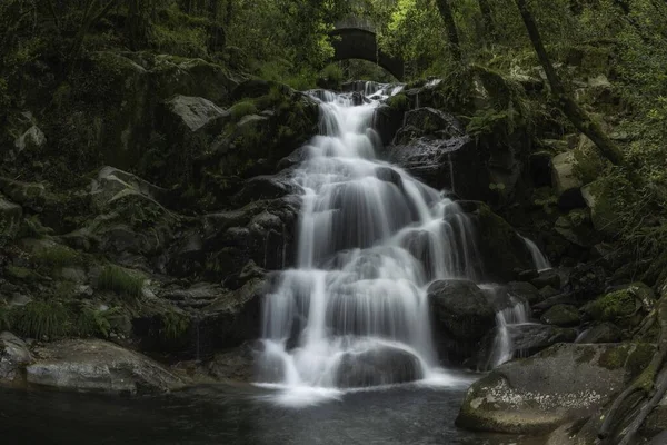 Krásný Vodopád Stékající Dolů Potoka Obklopený Skalami Zelení — Stock fotografie