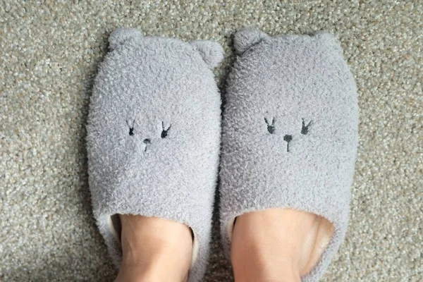 High Angle Shot Person Wearing Pair Cute Slippers Gray Carpet — Stock Photo, Image