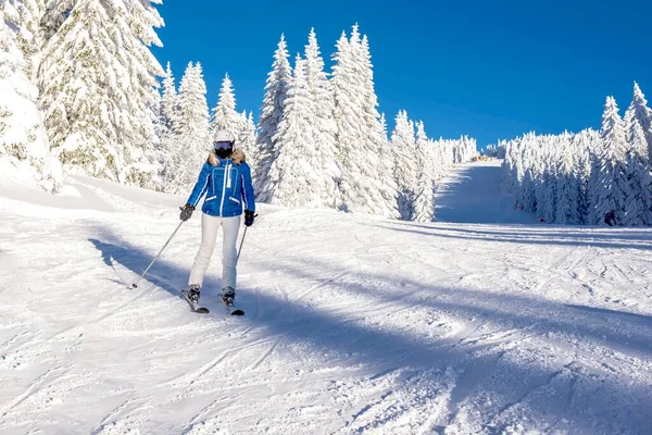 Ung Skidåkare Rörelse Med Ett Vackert Vinterlandskap Bakgrunden — Stockfoto
