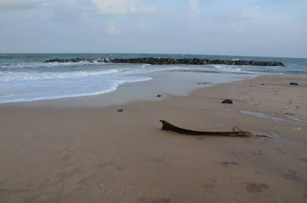 Uma Vista Panorâmica Das Ondas Que Atingem Uma Costa Arenosa — Fotografia de Stock