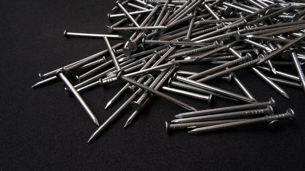 Panoramic Shot Pile Steel Nails Black Background — Stock Photo, Image