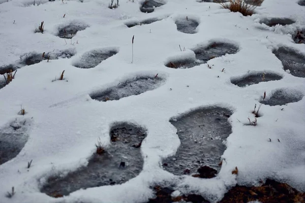 Fotspåren Vägen Täckta Snö Vintern — Stockfoto