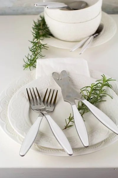 Closeup Shot White Ceramic Tableware Set Table — Stock Photo, Image