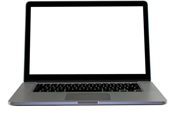 Een Close Van Een Moderne Laptop Onder Lichten Geïsoleerd Een — Stockfoto