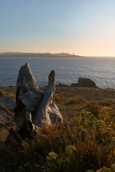 Colpo Verticale Delle Rocce Davanti All Acqua Durante Tramonto — Foto Stock