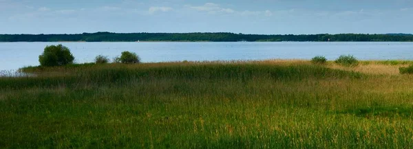 Piękna Zielona Trawiasta Ziemia Nad Jeziorem Pod Chmurnym Niebem — Zdjęcie stockowe