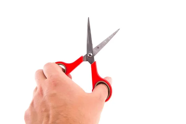 Close Shot Isolated Mans Hand Holding Red Scissors — Stock Photo, Image