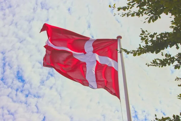 Låg Vinkel Skott Danmarks Flagga Dansar Vinden Den Vackra Himlen — Stockfoto
