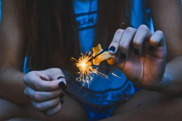 Woman Glowing Fire Sparkle Her Hand — Stock Photo, Image